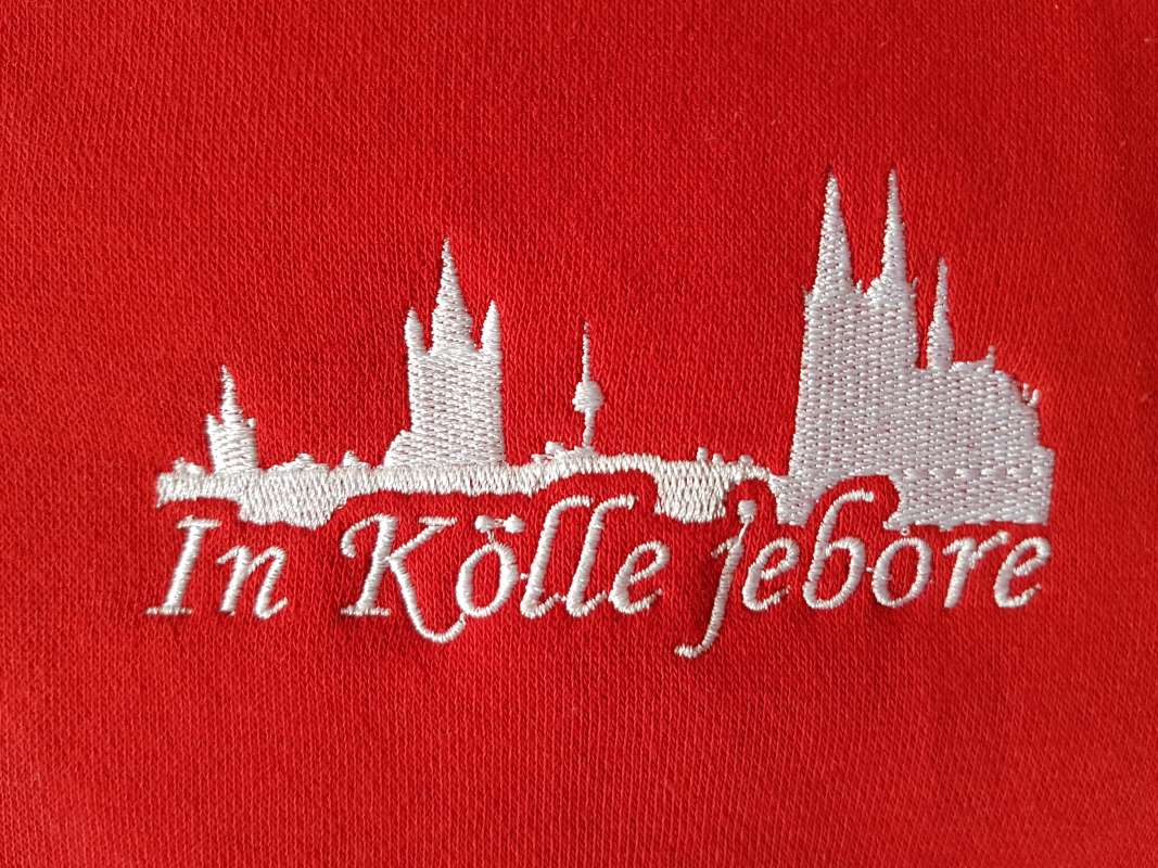 Aufdruck |  Collegejacke Köln »In Kölle jebore« Rot-Grau | Im Köln Shop online kaufen